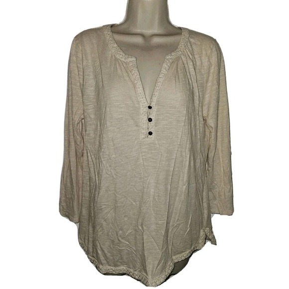 Lucky Brand Tops - Lucky Brand Cream Blouse Top 3/4  Sleeve 1/4‎ button down Eyelet Trim Size L